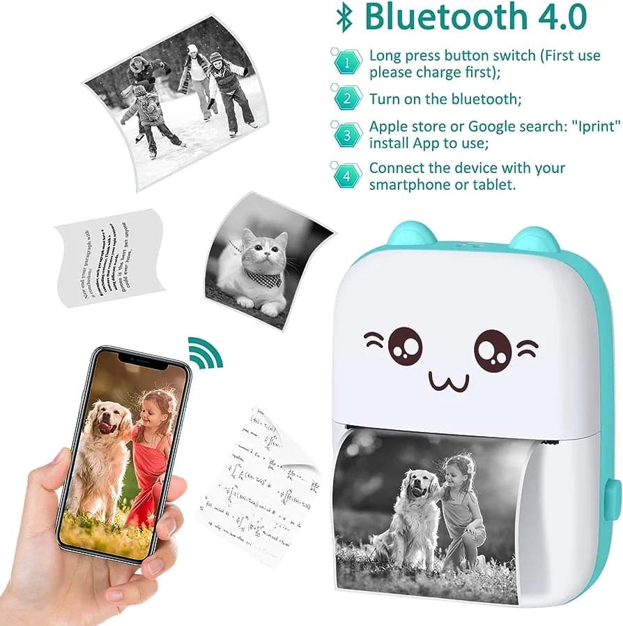 Pocket Printer, Mini Bluetooth Pocket Printer With Thermal Paper Roll, Wireless Mini Printer For Memo Receipt Label Notes, Thermal Printer Compatible with Android or iOS APP, Smart Thermal Inkless Printer